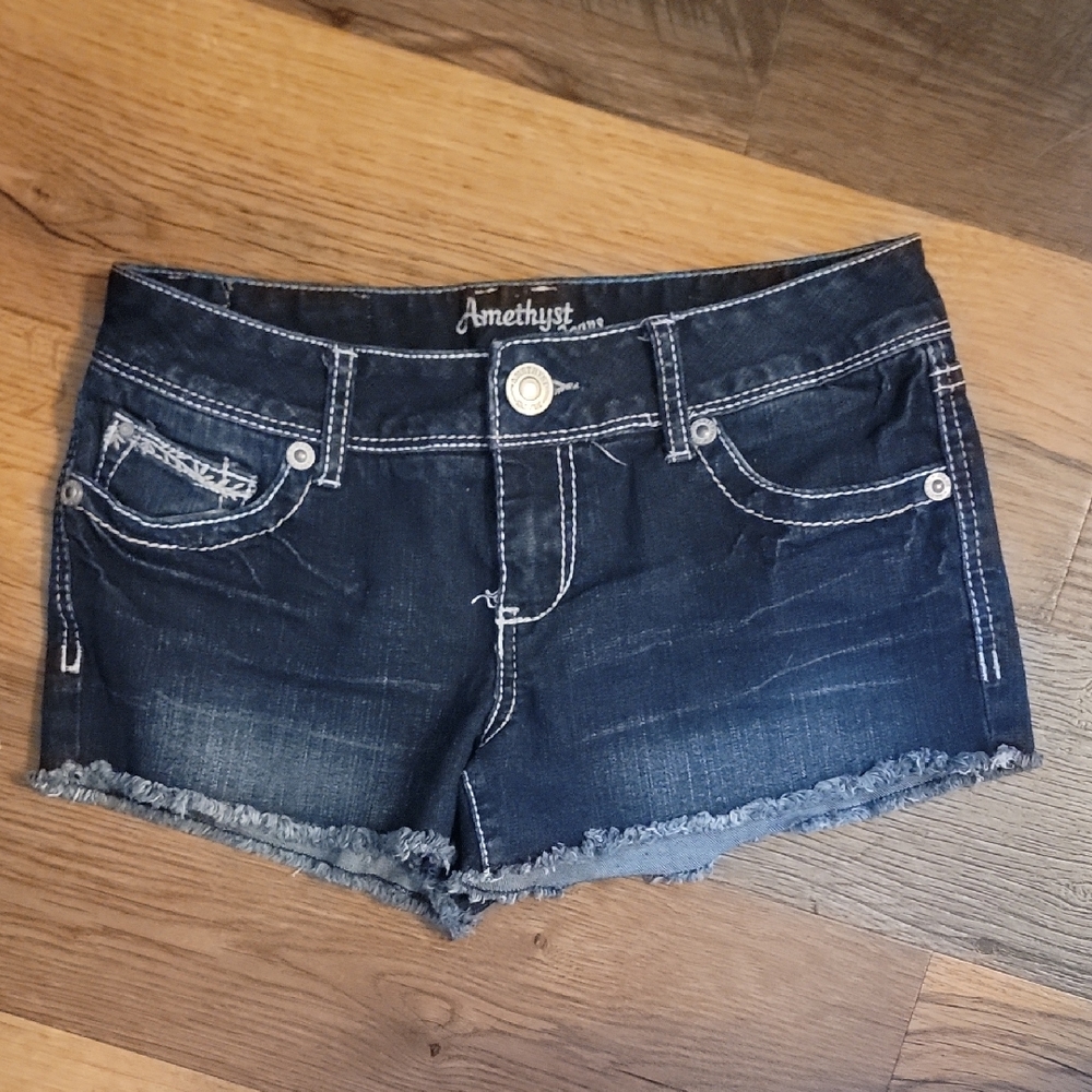 Amethyst Jeans Dark Blue Frayed Hem Shorts
